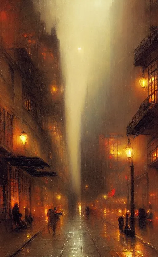 Image similar to Raining New York night alley by Raphael Lacoste and Pierre Auguste Cot and Delphin Enjolras and Daniel F. Gerhartz