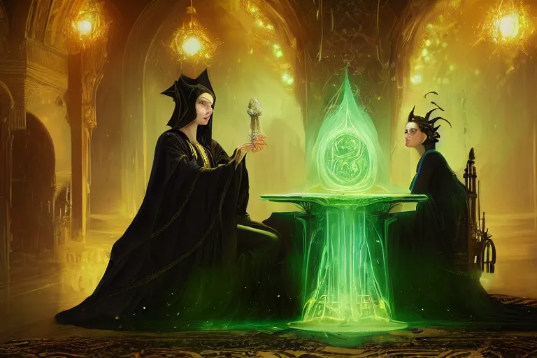Prompt: a beautiful sorceress wearing a black robe with gold embroidery, sitting at table, casting a spell, green glows, painted by wlop and tom bagshaw, in the style of magic the gathering, highly detailed digital art