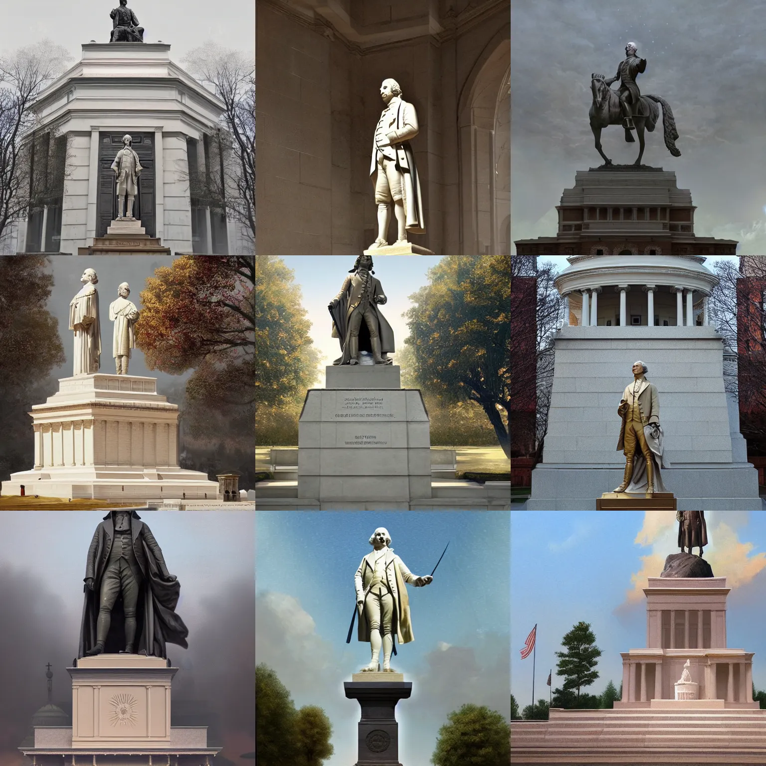 Prompt: a statue of george washington in front of a religious temple modeled after old american government buildings. a place of worship for people who worship the founding father. s artistic painterly by greg rutkowski and trending on artstation, favorites on deviantart