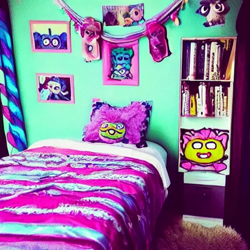 Image similar to “ nostalgic 9 0 s bedroom colorful aesthetic, 9 0 s photo, furbies, realistic ”