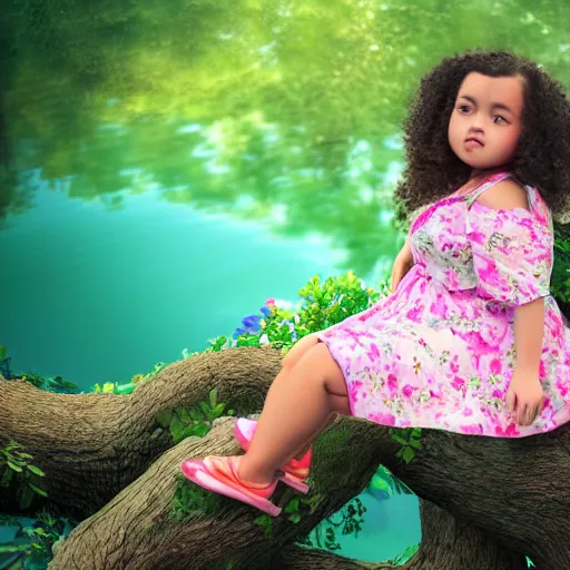 Prompt: spectacular scene of a little fat sweet girl with flowery dress, sitting on a curly branch, by the beautiful lake and hugging a colorful fish. clear beautiful fat face. morning time. an amazingly beautiful scene. beautiful lighting, 4 k post - processing, trending in art station, cg society, highly detailed, 5 k extremely detailed, 3 d. cinematic scene.