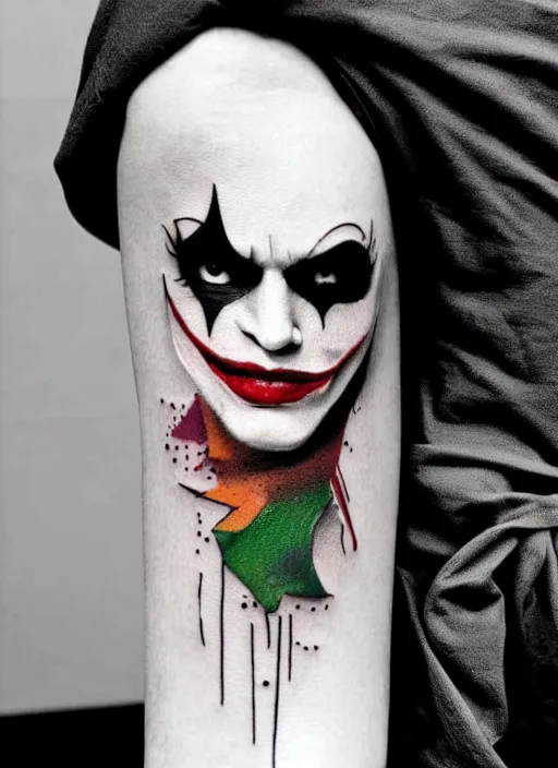 Image similar to a tattoo design of a joker girl holding an ace, hyper realistic, black and white