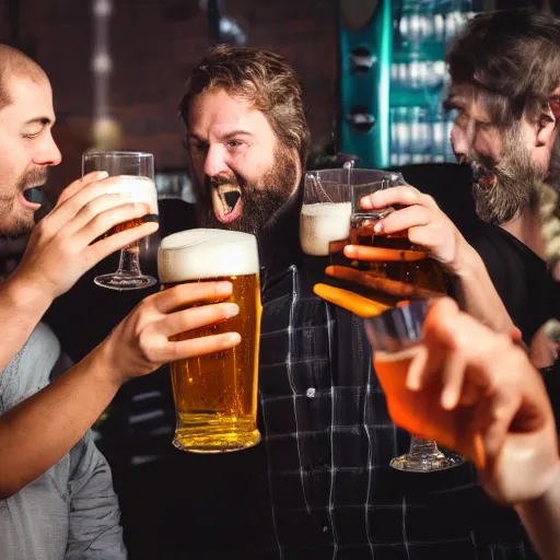 Prompt: professional brand photographs people drinking beer and having fun, dramatic lighting, hyperrealistic medium format camera, 8 k