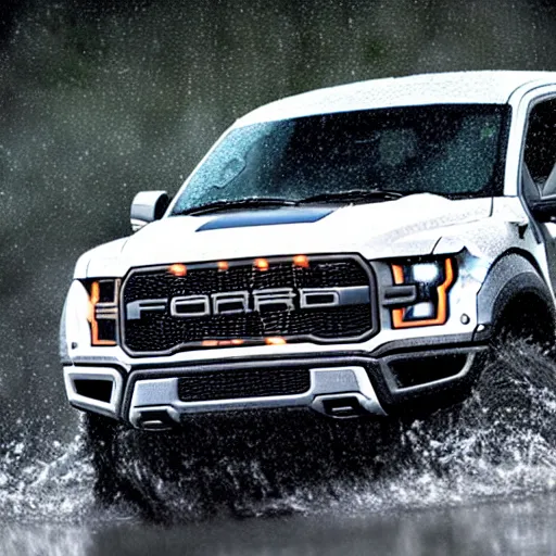 Image similar to a hyper realistic photo of the driver side of a ford raptor in a rainstorm