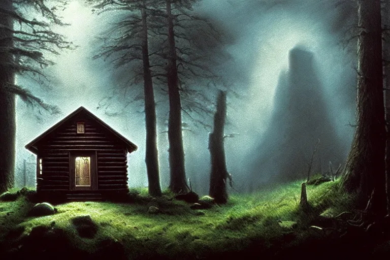 Prompt: a small cabin in the middle of the woods, a matte painting by john carpenter, reddit contest winner, american barbizon school, matte painting, horror film, movie still