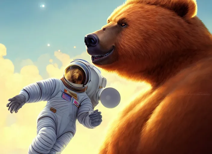 Image similar to character portrait feature of the anthro male anthropomorphic kamchatka brown bear fursona wearing cosmonaut outfit uniform professional pilot astronaut cosmonaut spirited disciplined character design stylized by charlie bowater, ross tran, artgerm, and makoto shinkai, detailed, soft lighting, rendered in octane