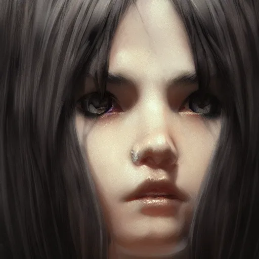 Image similar to a cute girl by ruan jia, closeup headshot, black long hair, black eyes, movie poster style