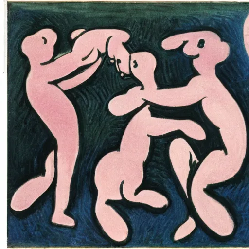 Prompt: Human ears engulfing three little dogs, by Henri Matisse