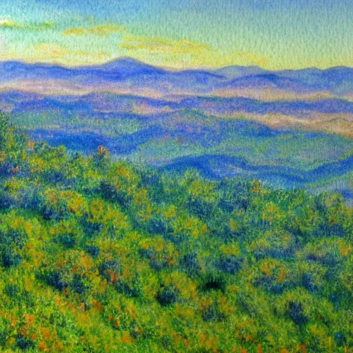 Image similar to asheville skyline from beaucatcher mountain, in the style of claude monet, watercolor, beautiful, scenic, award winning, 4 k, hd