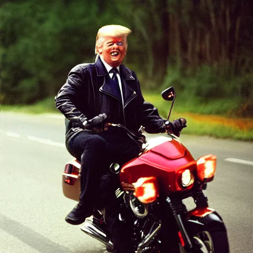 Image similar to Donald trump wearing a leather jacket, riding Harley motorcycle, cinestill, 800t, 35mm, full-HD