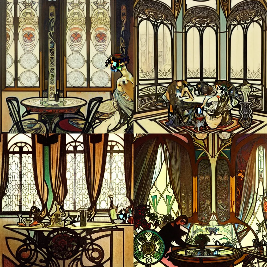 Prompt: Living room, Alphonse Mucha, art nouveau, luxury, artstation, center focus on table, warm lighting, white gold black, antique, large windows to french town