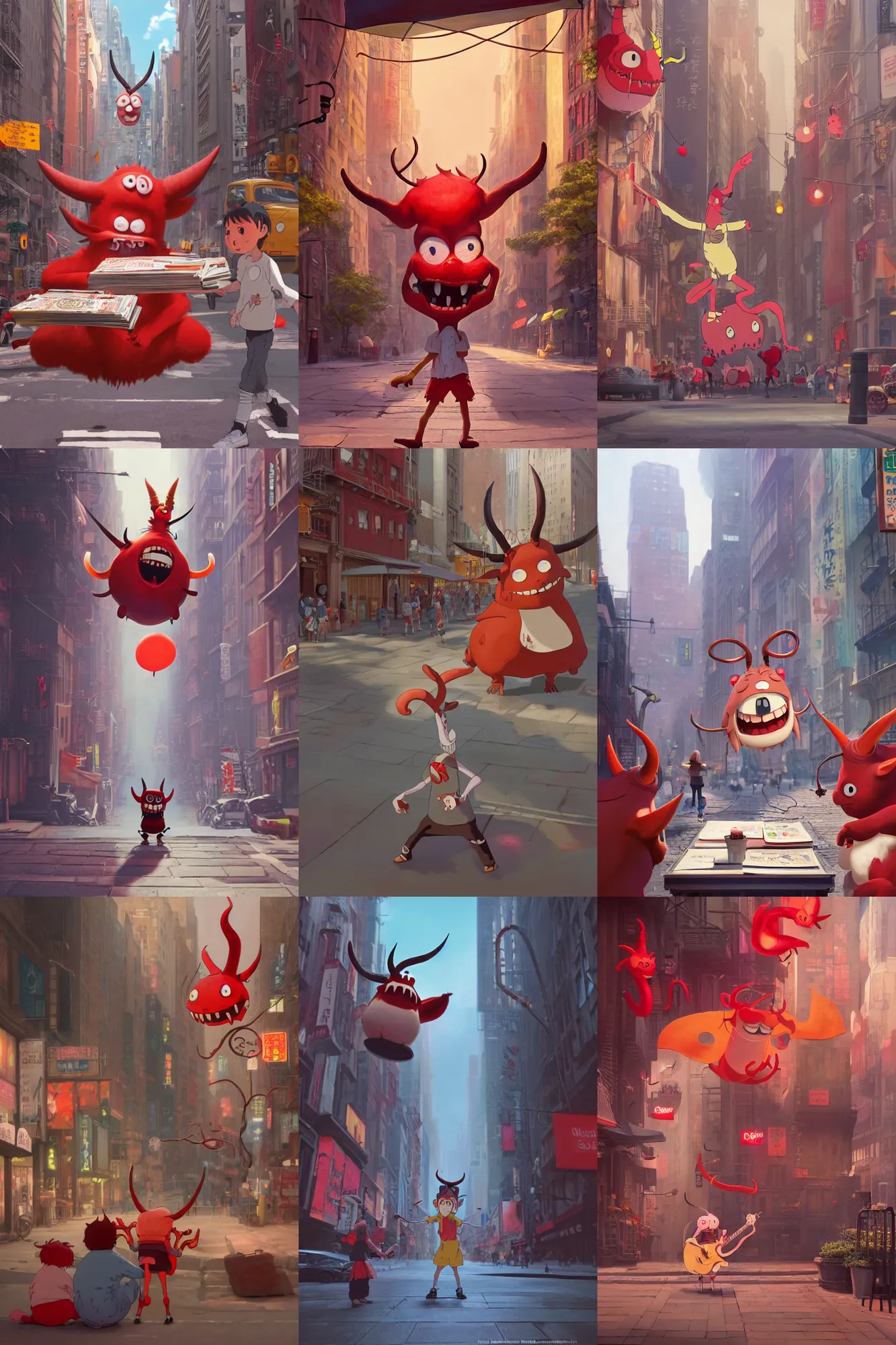 Prompt: a wholesome illustration of a happy cartoon demon with horns and colored red selling records in the streets of New York, studio Ghibli, Pixar and Disney animation, sharp, Rendered in Redshift and Unreal Engine 5 by Greg Rutkowski, Bloom, dramatic lighting