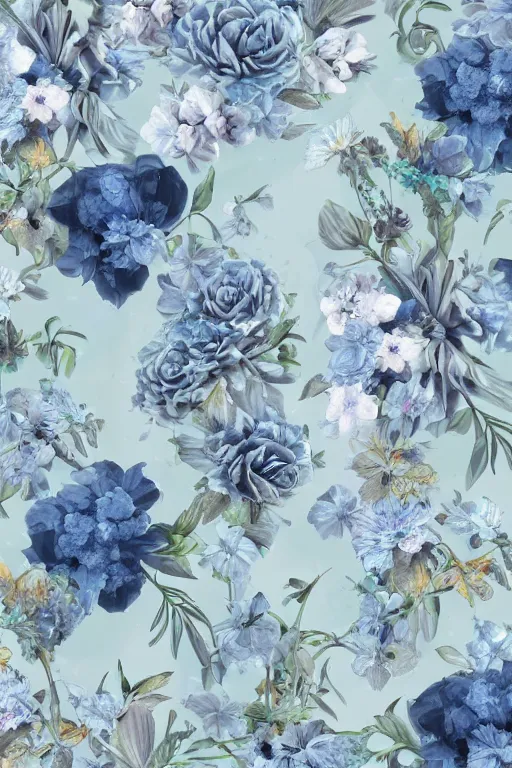 Prompt: beautiful digital matte painting of whimsical botanical illustration beautiful blue and gray flowers enchanted dark background dark contrast by lisa frank, hans zatzka, dollpunk