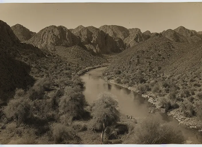 Prompt: View of the Gila river, surrounded by lush desert vegetation and rocky slopes, albumen silver print, Smithsonian American Art Museum