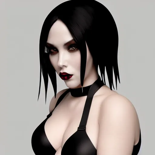 Image similar to portrait of a thicc feminine elegant pale goth beauty with black and curvy tight black nylon outfit, cgsociety, realistic, highly detailed, attractive, 16k, smooth, sharp focus, trending on ArtStation, hyperdetailed, volumetric lighting