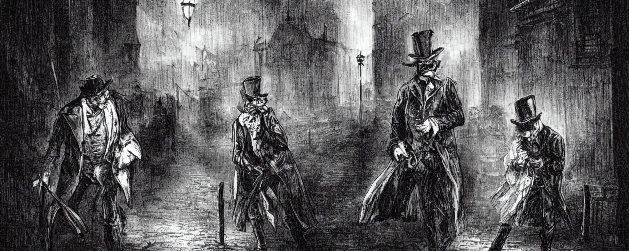 Image similar to Jack the ripper lurking at an innocent victim, 18th century London, streets, horror theme, detailed, elegant, intricate, cinematic lightning