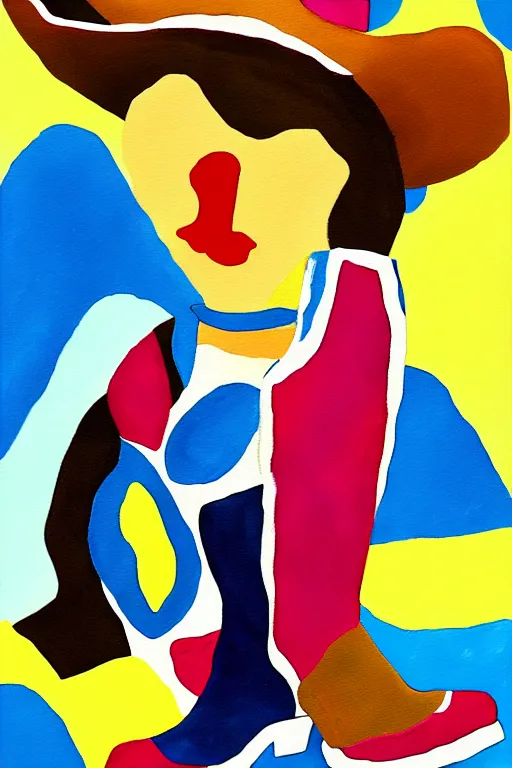 Prompt: a painting of a cowgirl wearing western clothing and cowboy boots, in the style of eileen agar, digital art