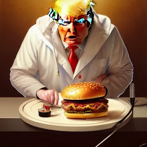 Image similar to Donald Trump performing emergency surgery on a big mac hamburger, dripping BBQ Sauce, serving burgers, hospital room, intricate, elegant, highly detailed, digital painting, artstation, concept art, matte, sharp focus, illustration, art by Artgerm and Greg Rutkowski and Alphonse Mucha