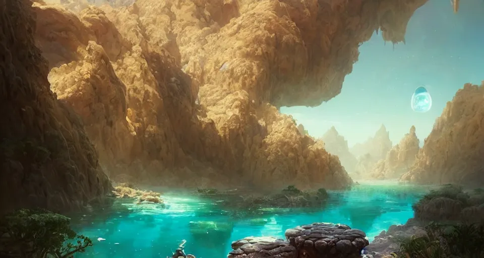 Prompt: a beautiful desert oasis!!!! with crystal clear water with an incomprehensibly large monster!!!! the size of a planet looking down from the sky, by wlop and peter mohrbacher, extremely detailed shading, concept art, digital painting, trending on artstation, unreal engine 5, octane render, atmosphere, glow, cinematic lighting