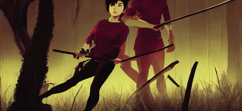 Prompt: a horror film slasher chases its victims, digital painting masterpiece, by ilya kuvshinov, by frank frazetta, by mœbius, by reiq, by hayao miyazaki, intricate detail, beautiful brush strokes, advanced lighting technology, 4 k wallpaper, interesting character design, stylized yet realistic anatomy and faces, inspired by kill bill animated scene