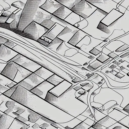 Prompt: a detailed illustrated map of a very small small desert town, clean lines, minimalist. defined. science fiction art. desert.