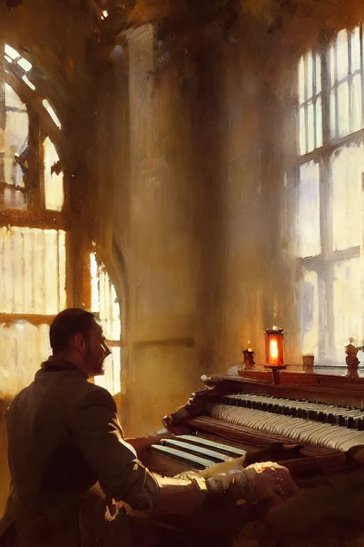 Image similar to portrait pipe organ by anders zorn, wonderful masterpiece by greg rutkowski, beautiful cinematic light, by greg manchess, jessica rossier