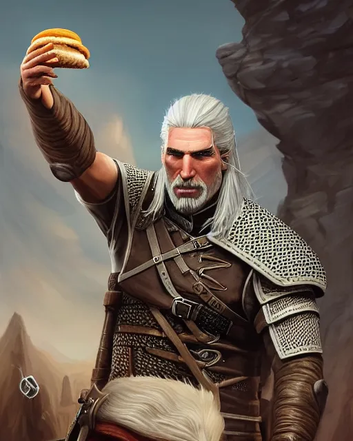 Image similar to portrait of geralt of rivia eating a hamburger, fantasy, intricate, elegant, highly detailed, digital painting, artstation, concept art, smooth, sharp focus, illustration, by artgerm and greg rutkowski