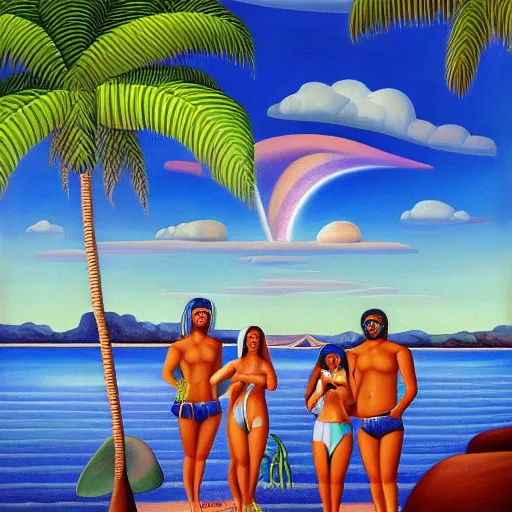 Image similar to a ultradetailed beautiful painting of amazonas beach by tarsila do amaral, major arcana mason sparkles sky, dougherty patrick, trending on artstation, mediterranean, palm trees, light sparkles, major arcana sky, sharp focus, soft light