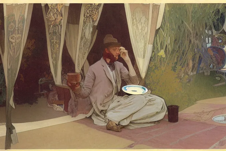 Image similar to a matte painting of a man sitting down and having a cup of tea in his house by the beach, by alphonse mucha, muted colors