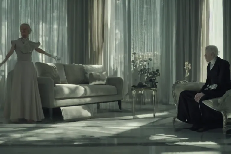 Image similar to VFX movie of old woman applauding sleek futuristic butler robot in a decadent living room by Emmanuel Lubezki