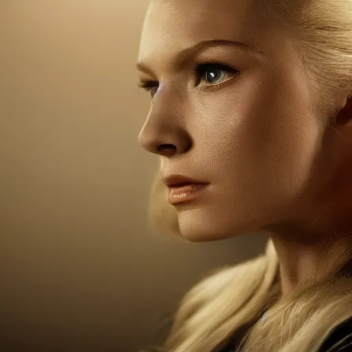 Image similar to very pretty blond borg queen, moody lighting, shallow depth of field, in the style of star trek,