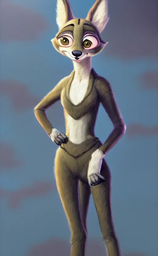 Image similar to oil painting of detailed full body of anthromorphic female wolf, in style of zootopia, zootopia, zootopia, fursona, furry, furaffinity, 4 k, deviantart, furry art, fursona art, wearing black business suit, business suit, in style of zootopia, wolf fursona, cyberpunk, female, expressive detailed feminine face,