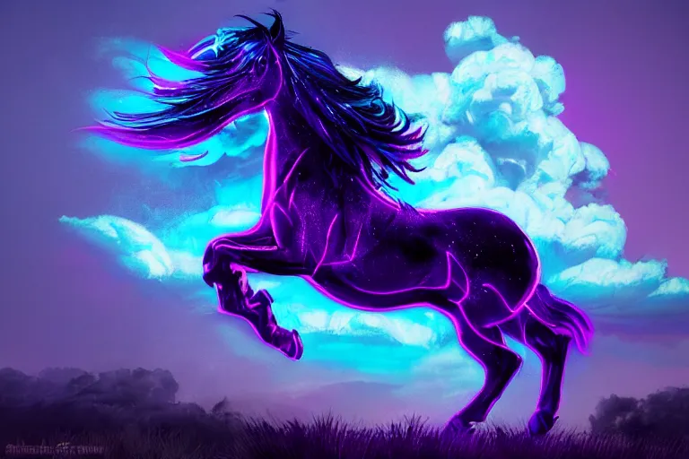 Image similar to a stunning horse with bioluminescent mane and tail running in the clouds by sandra chevrier and greg rutkowski, neon hooves, purple blue color scheme, vaporware, retro, outrun, high key lighting, volumetric light, digital art, highly detailed, fine detail, intricate, ornate, complex, octane render, unreal engine, photorealistic