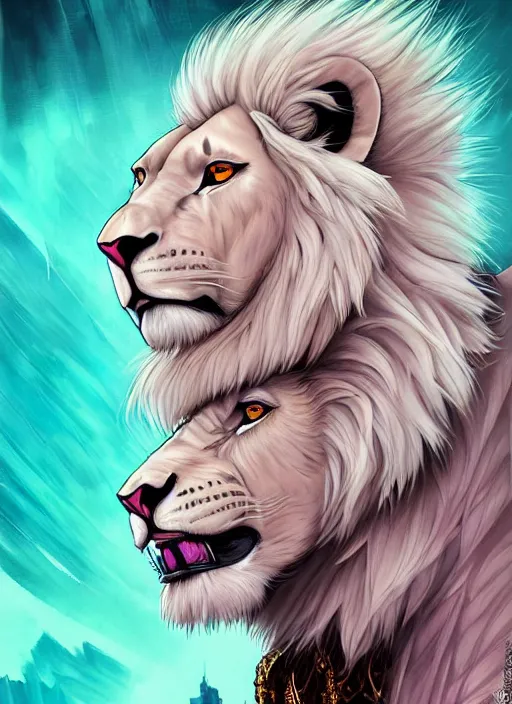 Prompt: aesthetic portrait commission of a of a male fully furry muscular anthro albino lion with a tail and a beautiful attractive hyperdetailed face wearing stylish and creative mint outfit made out of silk in a sci - fi dystopian city at golden hour while it storms in the background. character design by dayer, diego 5, detailed, inked, western comic book art, award winning film poster painting