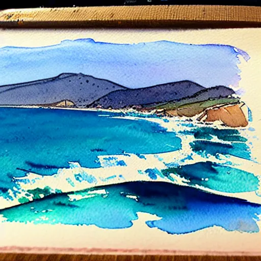 Prompt: a beautiful watercolor and pen painting of the california coastline