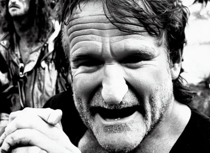 Prompt: promotional image of robin williams as a heavy metal singer in a movie from 1978, rugged black clothes, detailed face, movie still frame, promotional image, imax 70 mm footage
