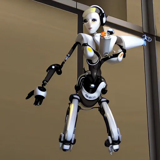 Image similar to glados female robot from portal 2 hanging from ceiling