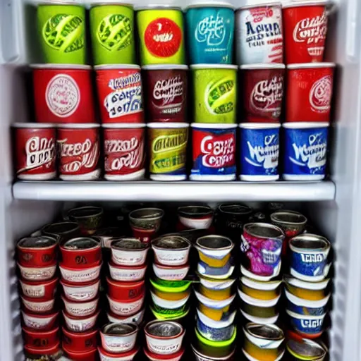 Prompt: a fridge full of coffee cups, coca colas and monsters cans