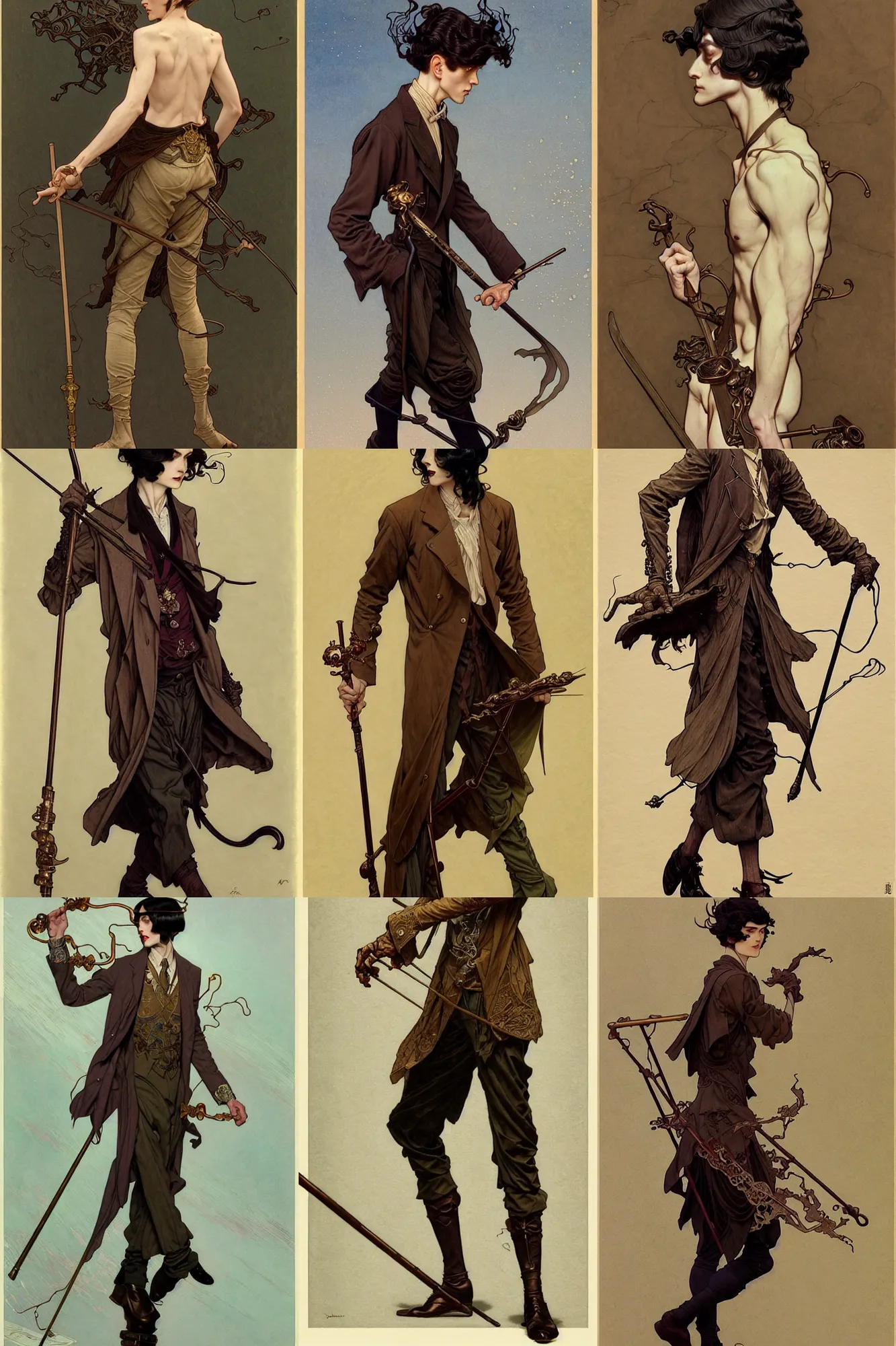 Prompt: thin young male with walking cane, long dark hair, 1 9 2 0 s fashion, fantasy, highly detailed, intricate, smooth, art by joseph leyendecker, peter mohrbacher, ruan jia, marc simonetti, ayami kojima, cedric peyravernay, alphonse mucha, victo ngai