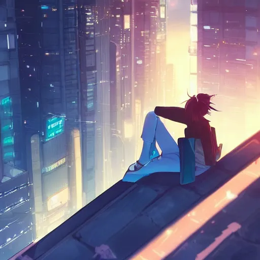 Image similar to beautiful anime painting of a woman with dark - blue hair sitting on a rooftop in a cyberpunk city, nighttime, by makoto shinkai, kimi no na wa, artstation, atmospheric, high detail