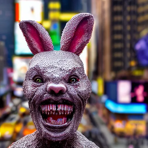 Prompt: a realistic sculpture made out of jelly of a very scary bunny with sharp teeth made by michelangelo, standing in times square, 3 d render, hyper detailed, sharp focus, 8 k resolution