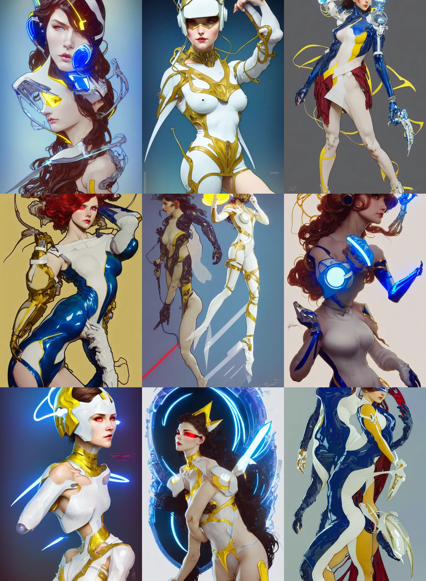 Image similar to a full body character design by artgerm, greg rutkowski and alphonse mucha. sci - fi dagger. laser white and yellow tape and red translucent plastic tape project show attctive showgirl!! sci - fi helmet electric blue eyes!! sharp edges. contour light effect!! ultra detailed, elegant, intricate, octane render.