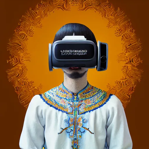 Prompt: Colour Caravaggio and Leonardo da Vinci style full body portrait Photography of Highly detailed Man wearing Ukrainian folk costume with 1000 years perfect face wearing highly detailed retrofuturistic VR headset designed by Josan Gonzalez. Many details In style of Josan Gonzalez and Mike Winkelmann and andgreg rutkowski and alphonse muchaand and Caspar David Friedrich and Stephen Hickman and James Gurney and Hiromasa Ogura. Rendered in Blender and Octane Render volumetric natural light