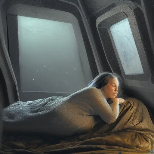 Prompt: a woman sleeping in hibernation pod, by craig mullins, side view, in the style of blade runner, high tech, photoreal, dramatic lighting, unreal engine 5, octane rendering, ray tracing - w 1 0 2 4