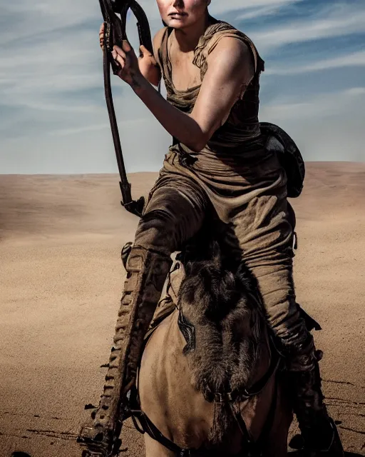 Prompt: photoshoot of ana taylor - joy dressed as a young imperator furiosa in mad max fury road prequel, photoshoot in the style of annie leibovitz, george miller, studio lighting, soft focus 9 mm lens, bokeh