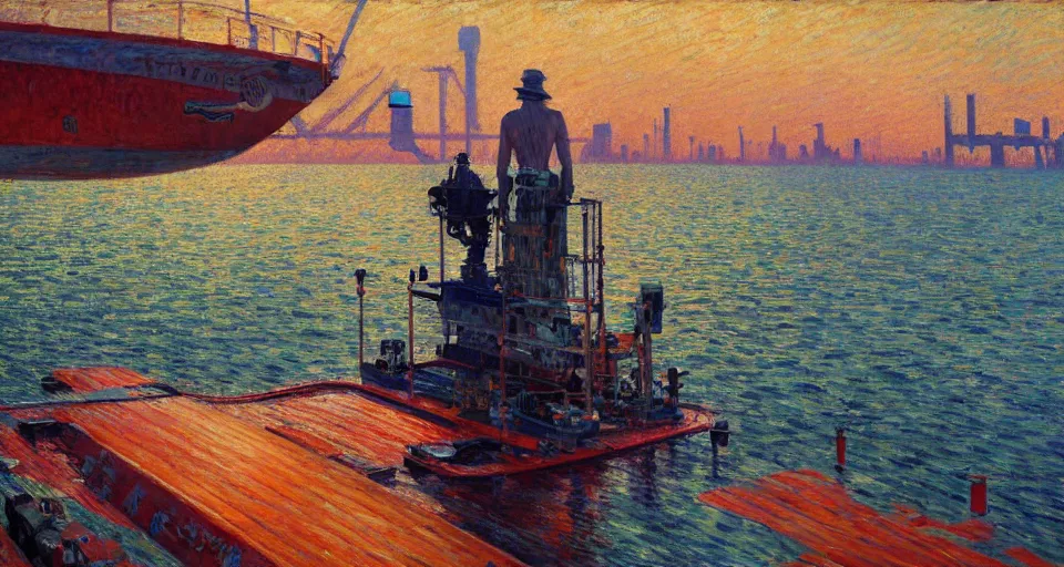 Image similar to detailed close - up of a side view full shot of a energypunk futuristic neon robotic cyberpunk steamboat in the senna river, people waving, impressionism, oil on canvas, natural colors, horizon, golden hour, masterpiece, detailed, by gustave caillebotte, wlop, mucha, greg rutkowski