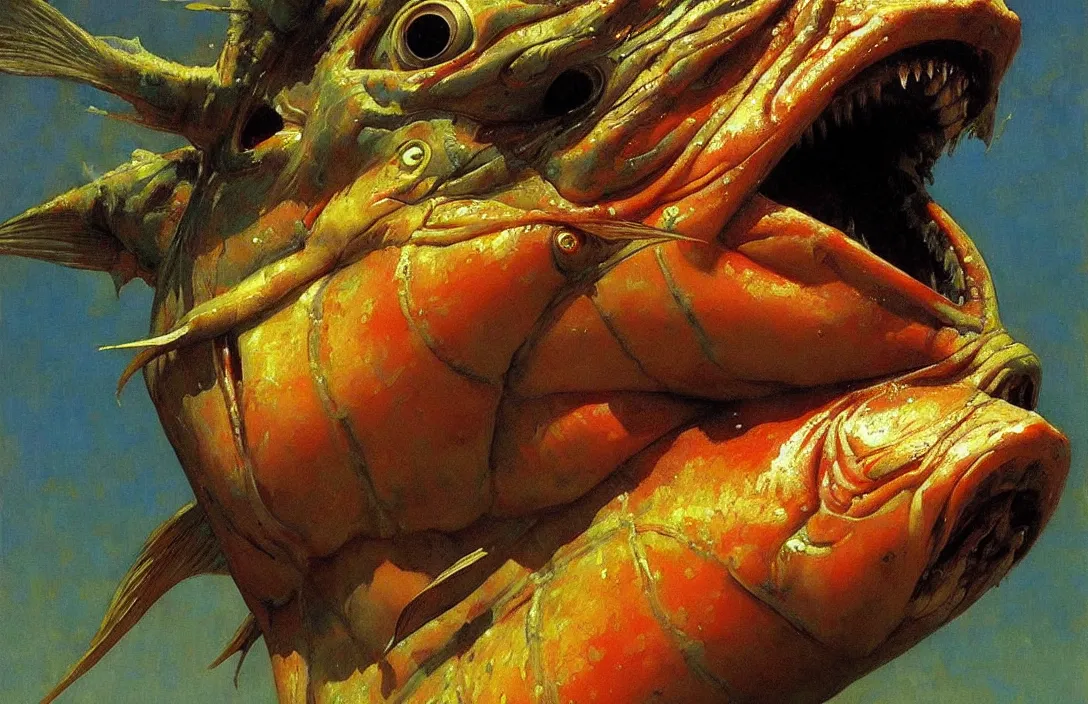 Prompt: fish creature with subtle human features!!!!!!!!!!!!!!!!!!!!!!!!!!!, detailed face, detailed painting, epic lighting, by ilya repin, phil hale and kent williams