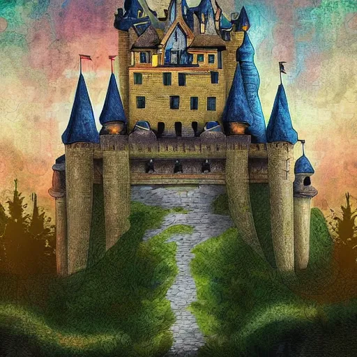 Prompt: a large castle in the shape of a cat, in the middle of a forest, digital art painting