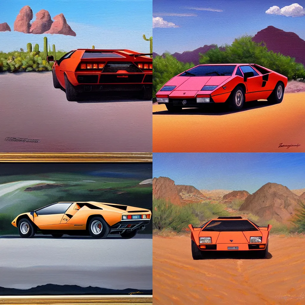 Prompt: Lamborghini Countach in the Arizona desert, oil painting