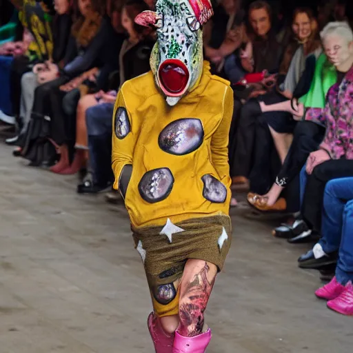 Prompt: slug wearing clothes, vivian westwood, slug with teeth, runway model